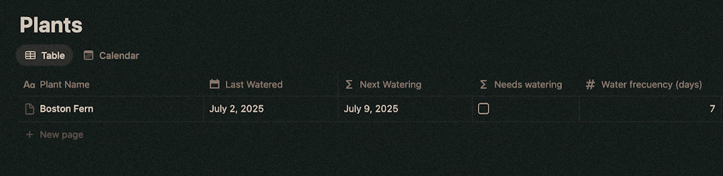 Plant database with formulas for automatic watering tracking